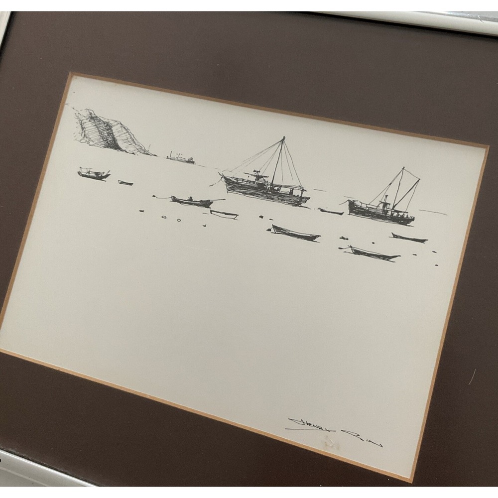 Henry Sin Signed Framed Art Print Boats Fishing Harbor Harborview 1960 Vintage